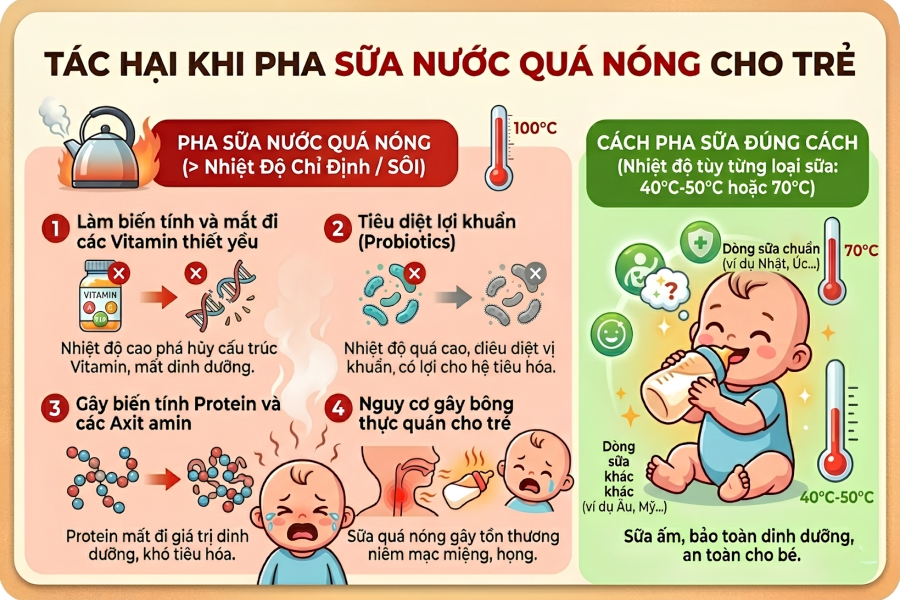 Tác hại của việc pha sữa nước quá nóng